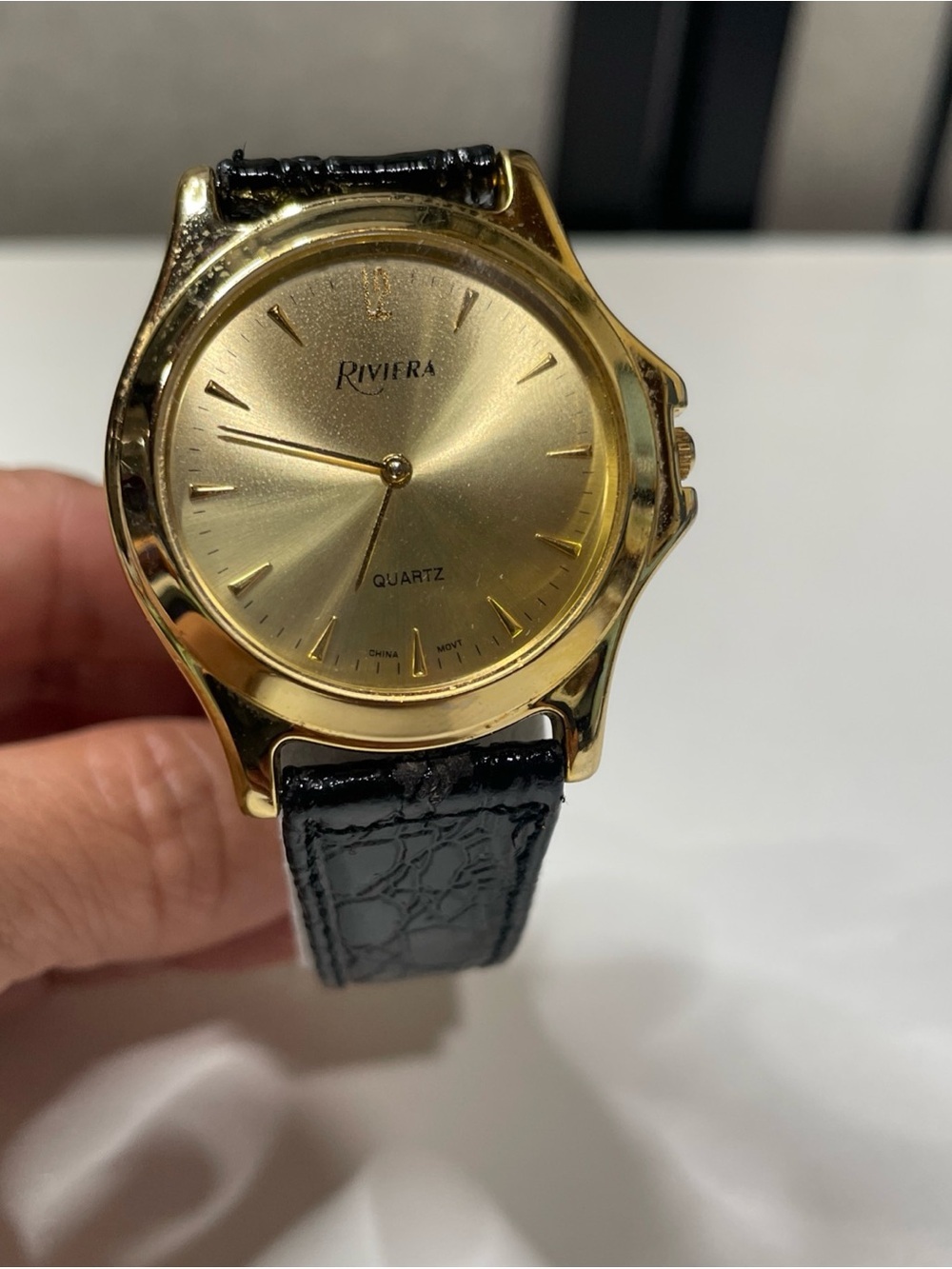 VTG Riviera-Gold Tone Unisex Quartz Watch- Black Genuine Leather- Need Battery